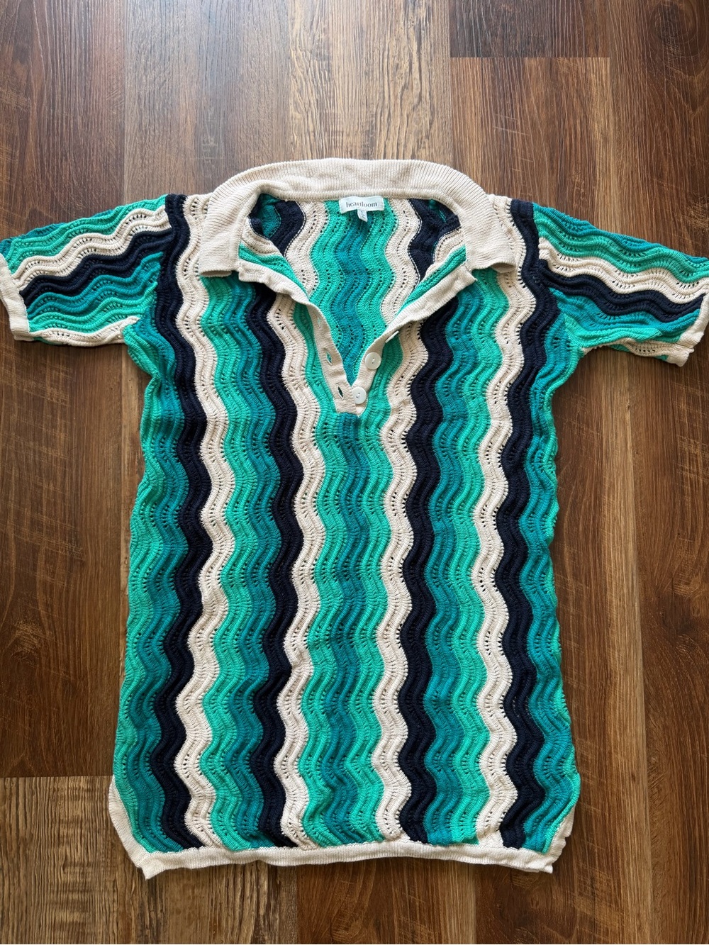 Heartloom Wave Knit Polo in Teal, Navy & Cream S